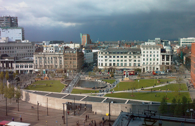 Exterior of Piccadilly Gardens in Manchester