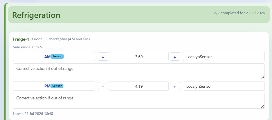 Fridge refrigeration log with AM and PM readings filled automatically and marked Sensor