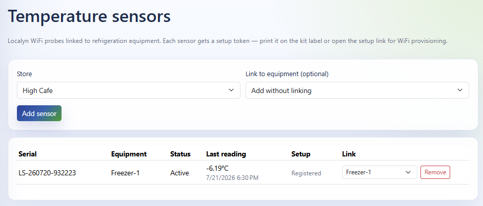 Temperature sensors page showing an active Freezer-1 probe with last reading