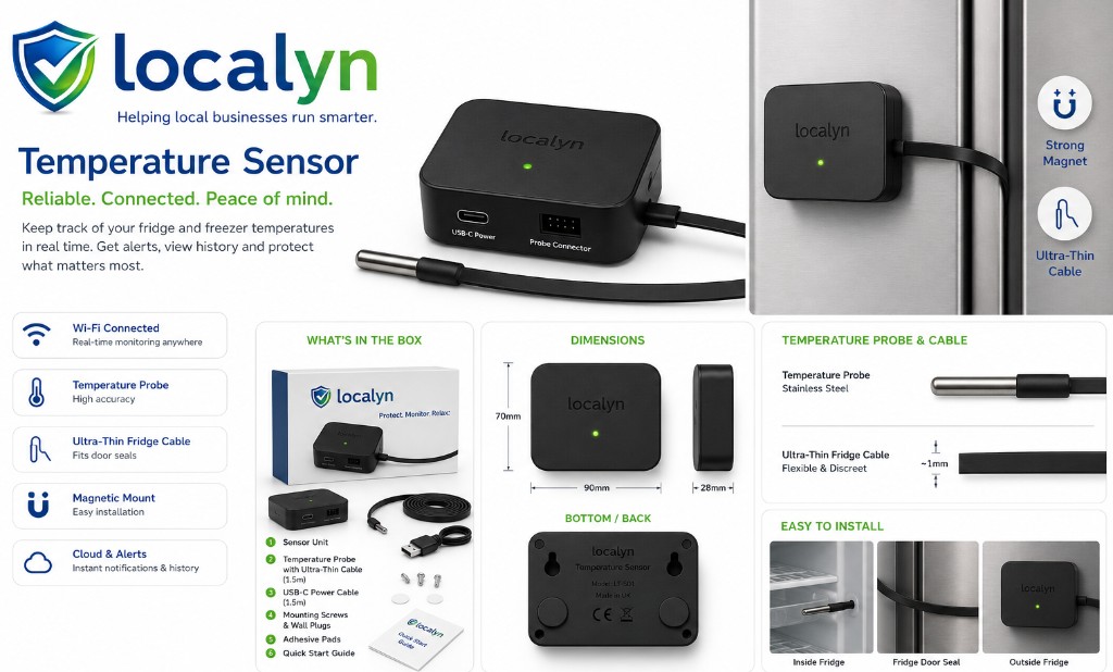 Localyn WiFi temperature sensor kit with magnetic enclosure, fridge cable, and glycol probe bottle